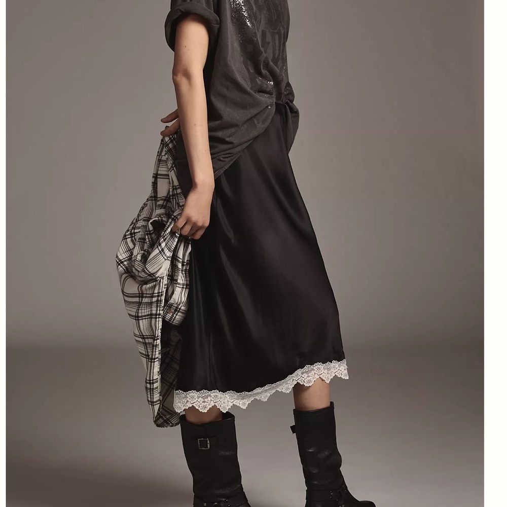 Anthropologie Black Midi Skirt with Lace Hem